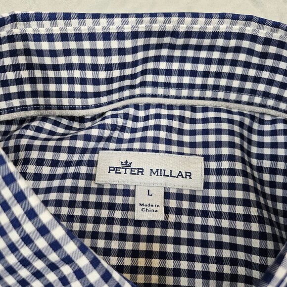 Peter Millar Shirt Mens L Blue White Gingham Check Button Up Cotton Silk Blend - Picture 3 of 10